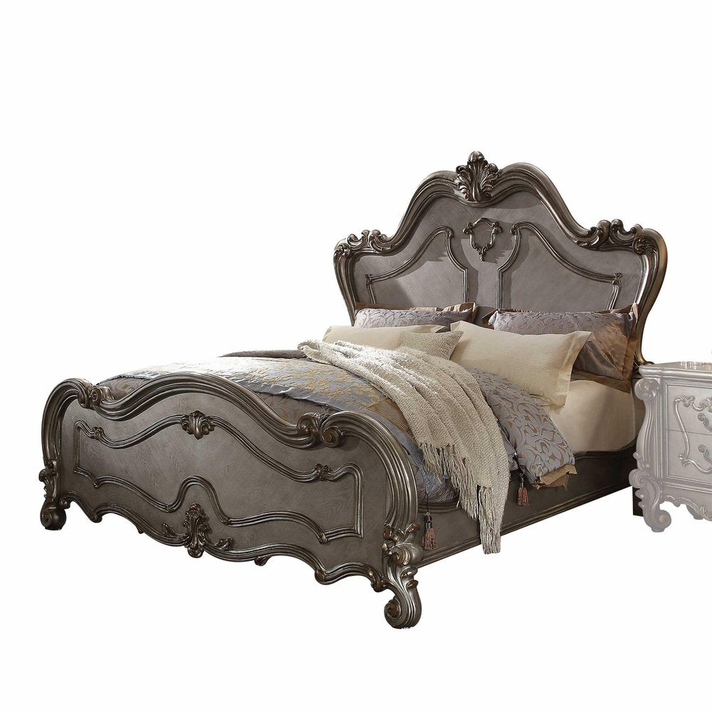 Gray Carved Scrollwork Wood Queen Bed Frame
