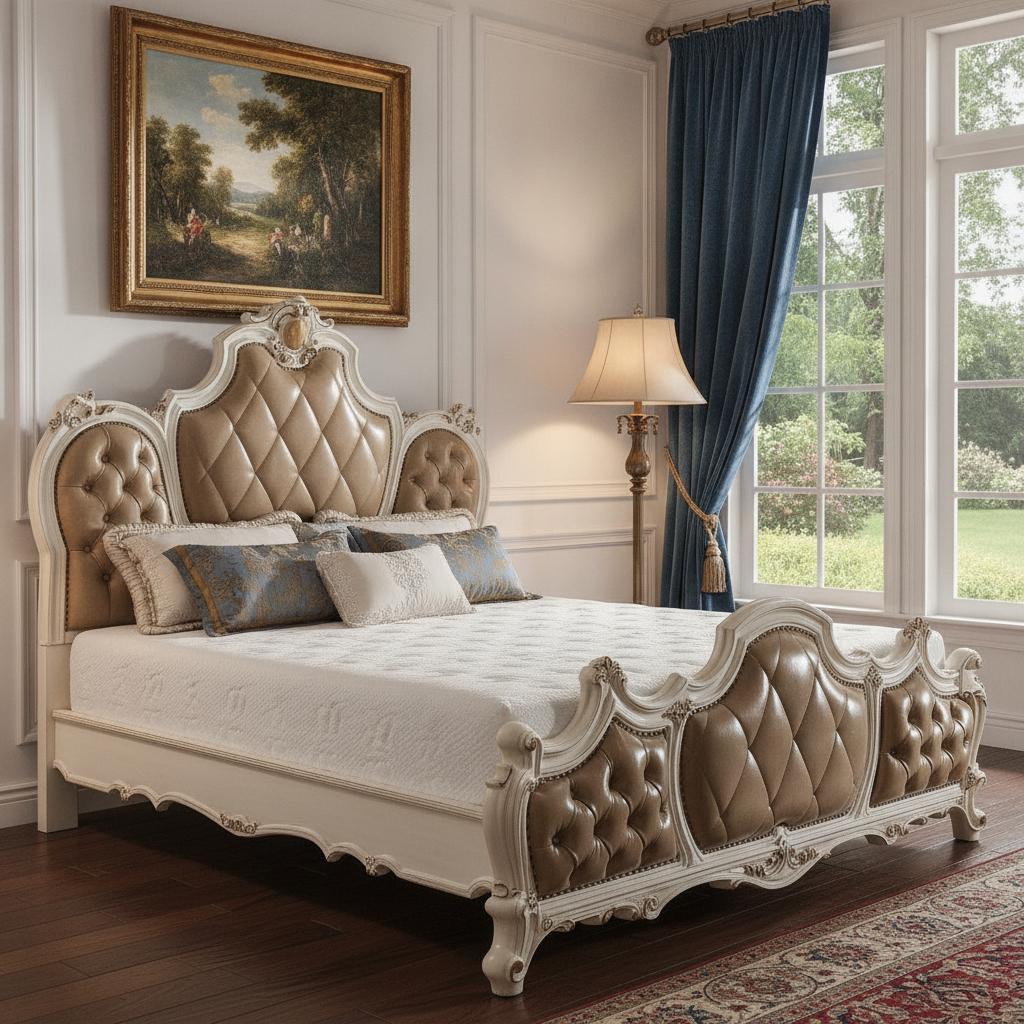 Queen Tufted Beige Upholstered Faux Leather Bed With Nailhead Trim