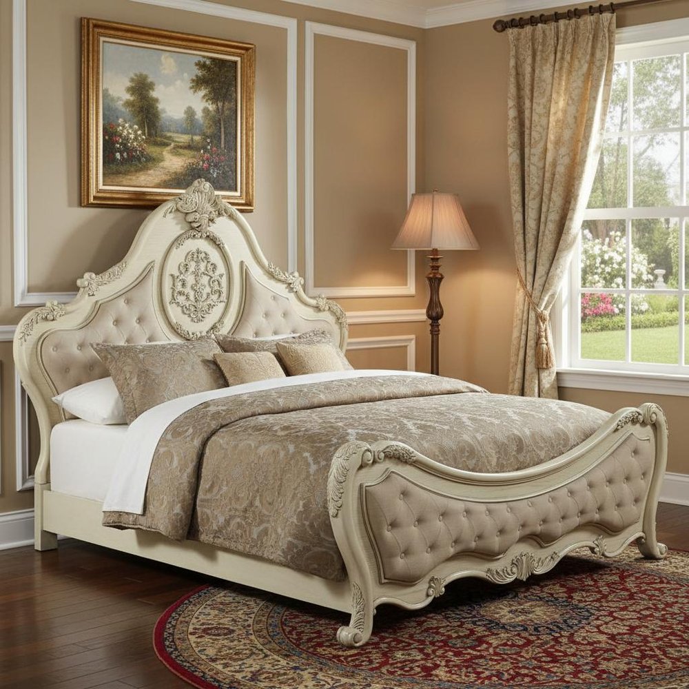 Antiqued White King Tufted Upholstered Linen Bed Frame with Nailhead Trim