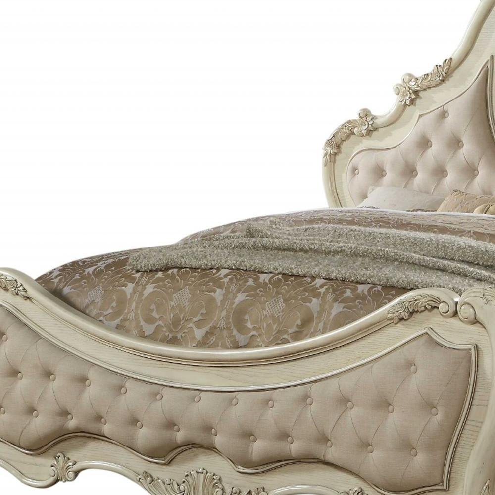 Beige Wood And Tufted Linen Queen Bed Frame With Nailhead Trim