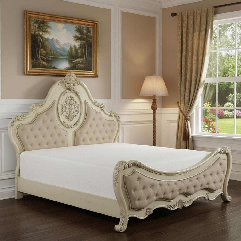 Antiqued White King Tufted Upholstered Linen Bed Frame with Nailhead Trim