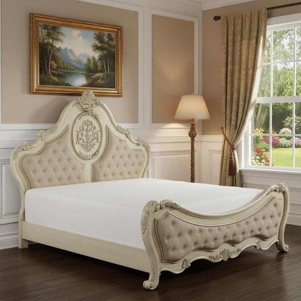 Beige Wood And Tufted Linen Queen Bed Frame With Nailhead Trim