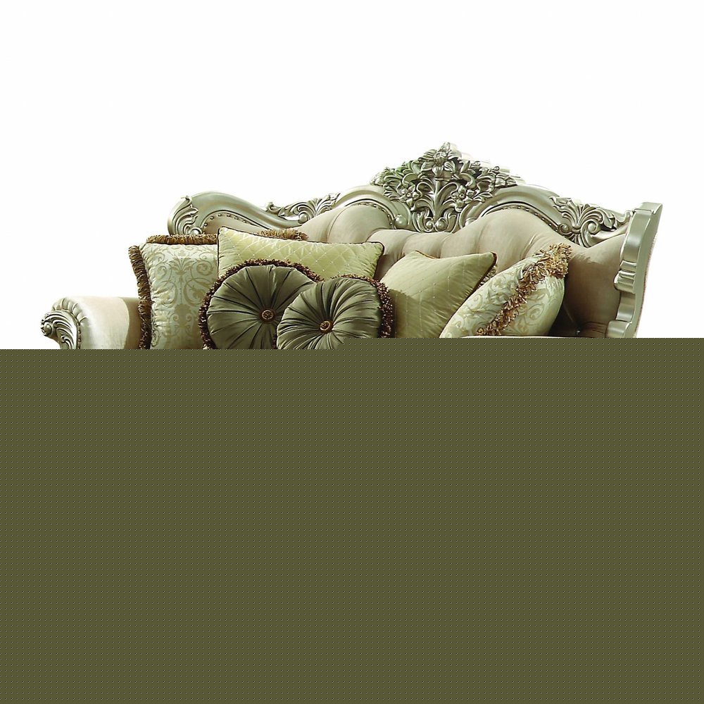 72" Green And Light Green Polyester Blend Damask Chesterfield Loveseat and Toss Pillows