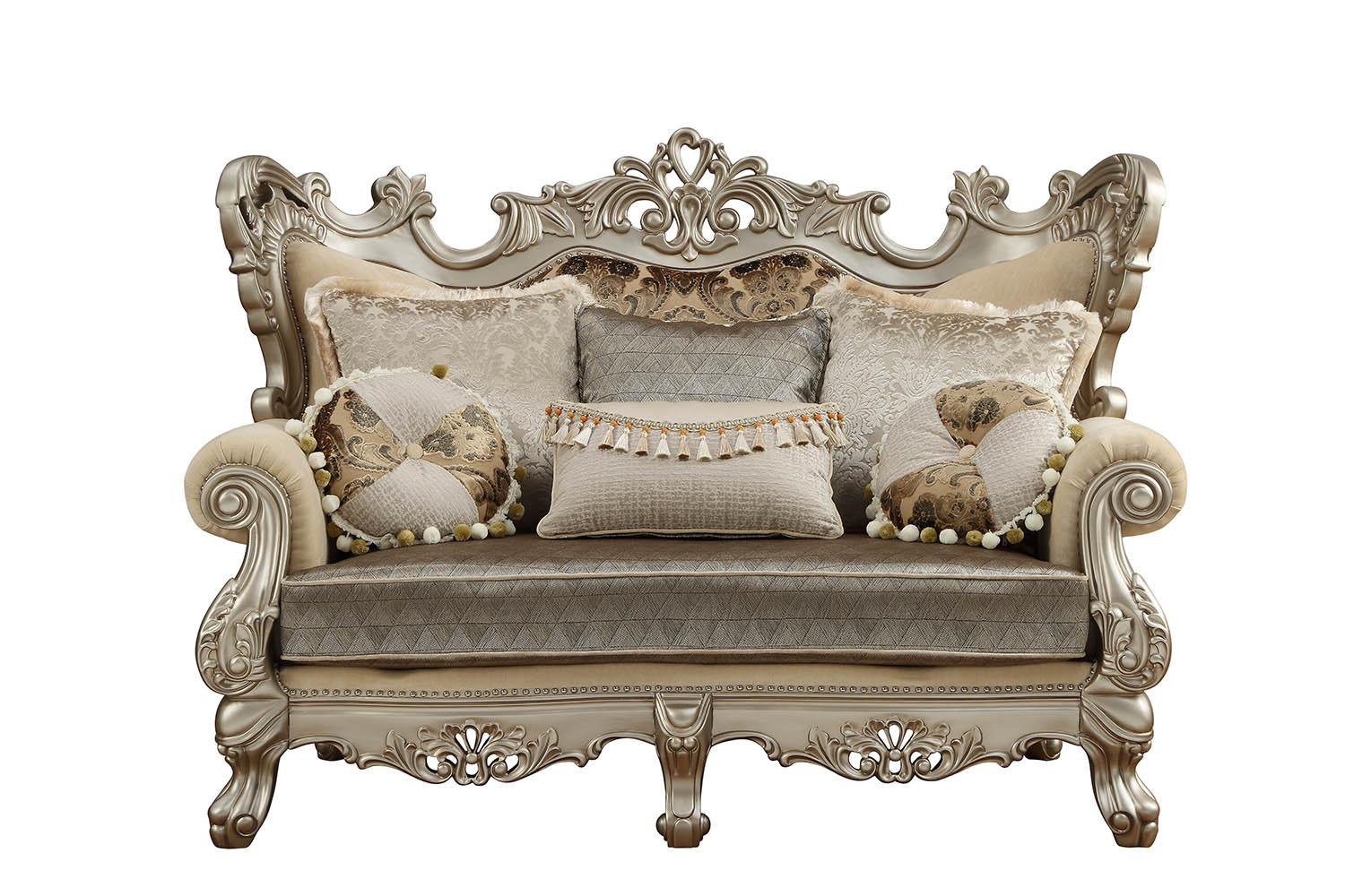 72" Cream And Platinum Polyester Blend Damask Chesterfield Loveseat and Toss Pillows