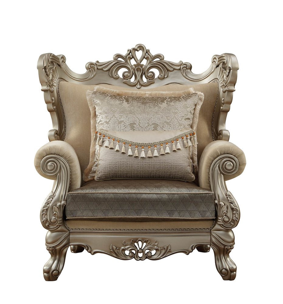 47" Beige Green and Champagne Fabric Geometric Arm Chair And Toss Pillow