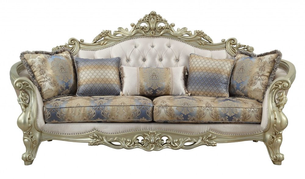40" Antiqued White Velvet Curved Floral Sofa And Toss Pillows With Champagne Legs