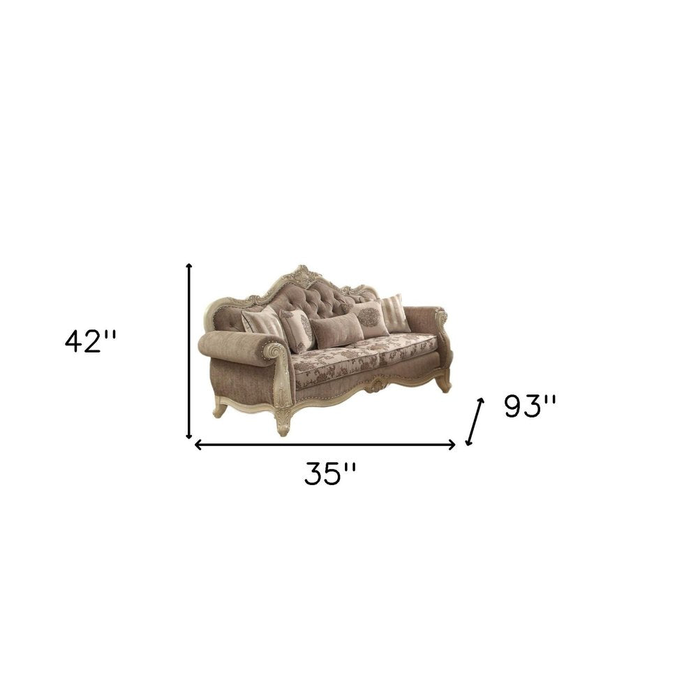 35" Brown Velvet Floral Sofa And Toss Pillows