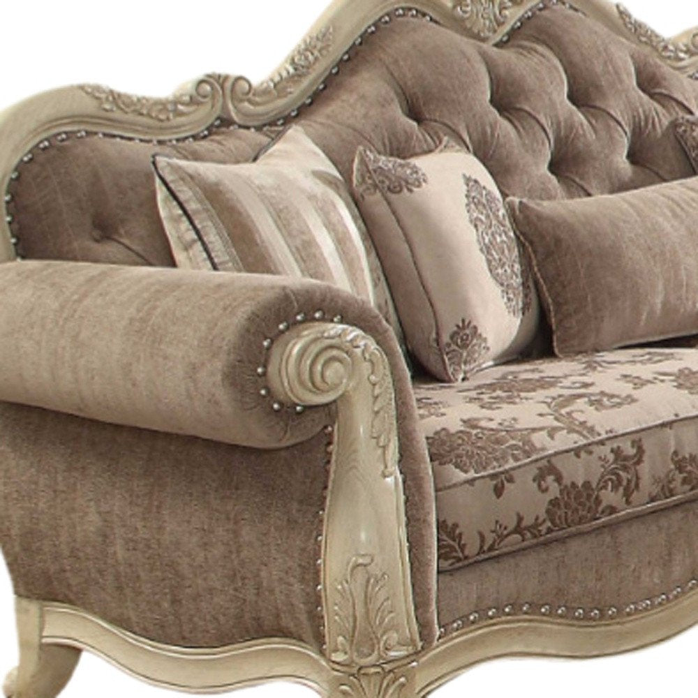 35" Brown Velvet Floral Sofa And Toss Pillows