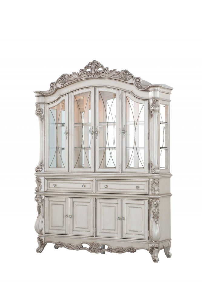 24" X 75" X 106" Antique White Wood Glass Mirror Hutch Buffet