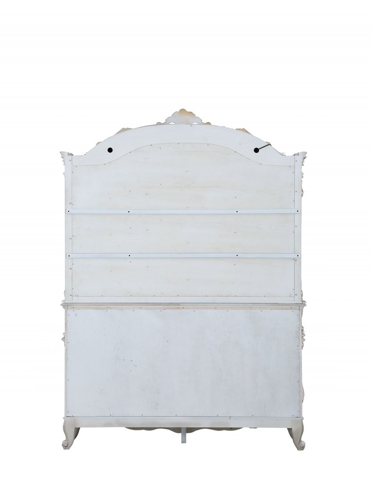 24" X 75" X 106" Antique White Wood Glass Mirror Hutch Buffet