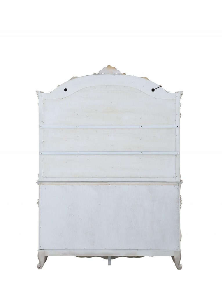 24" X 75" X 106" Antique White Wood Glass Mirror Hutch Buffet