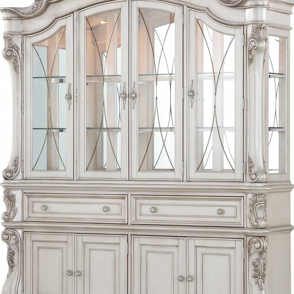 24" X 75" X 106" Antique White Wood Glass Mirror Hutch Buffet