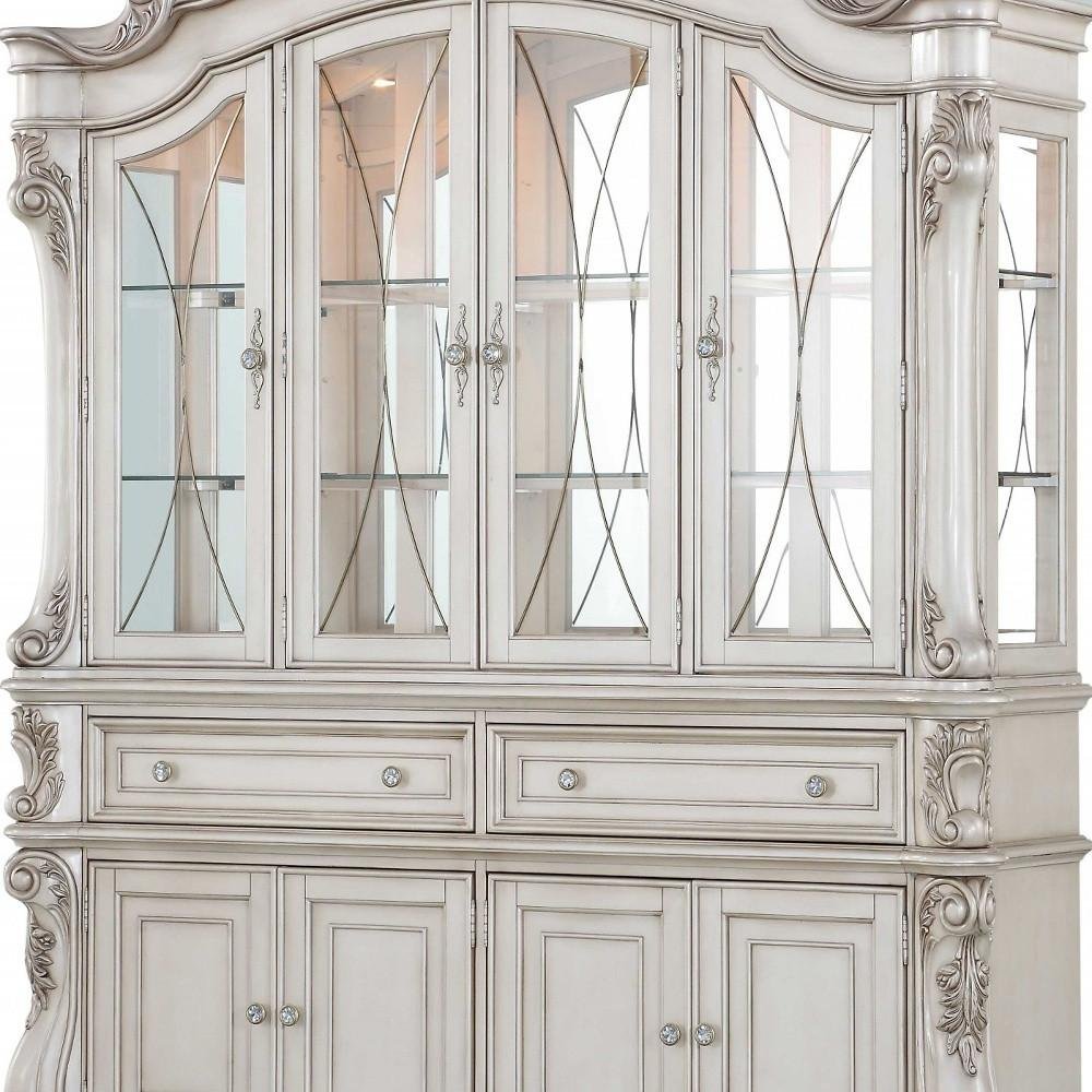 24" X 75" X 106" Antique White Wood Glass Mirror Hutch Buffet