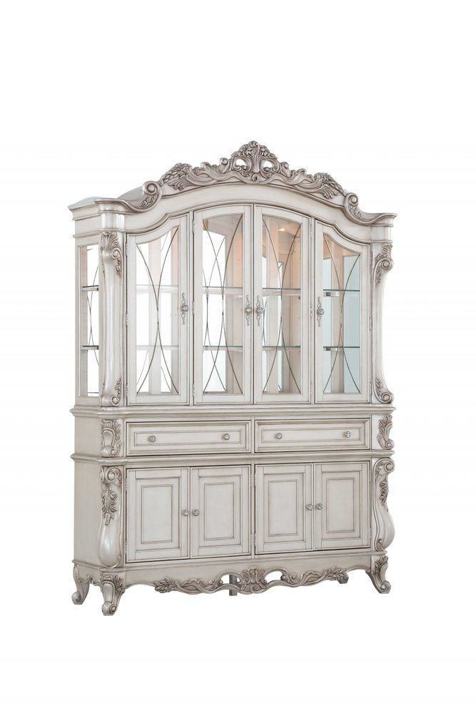 24" X 75" X 106" Antique White Wood Glass Mirror Hutch Buffet