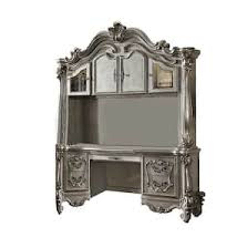 76" Platinum Solid Wood Peninsula Wall Mounted Computer Desk With Four Cabinets Five Drawers