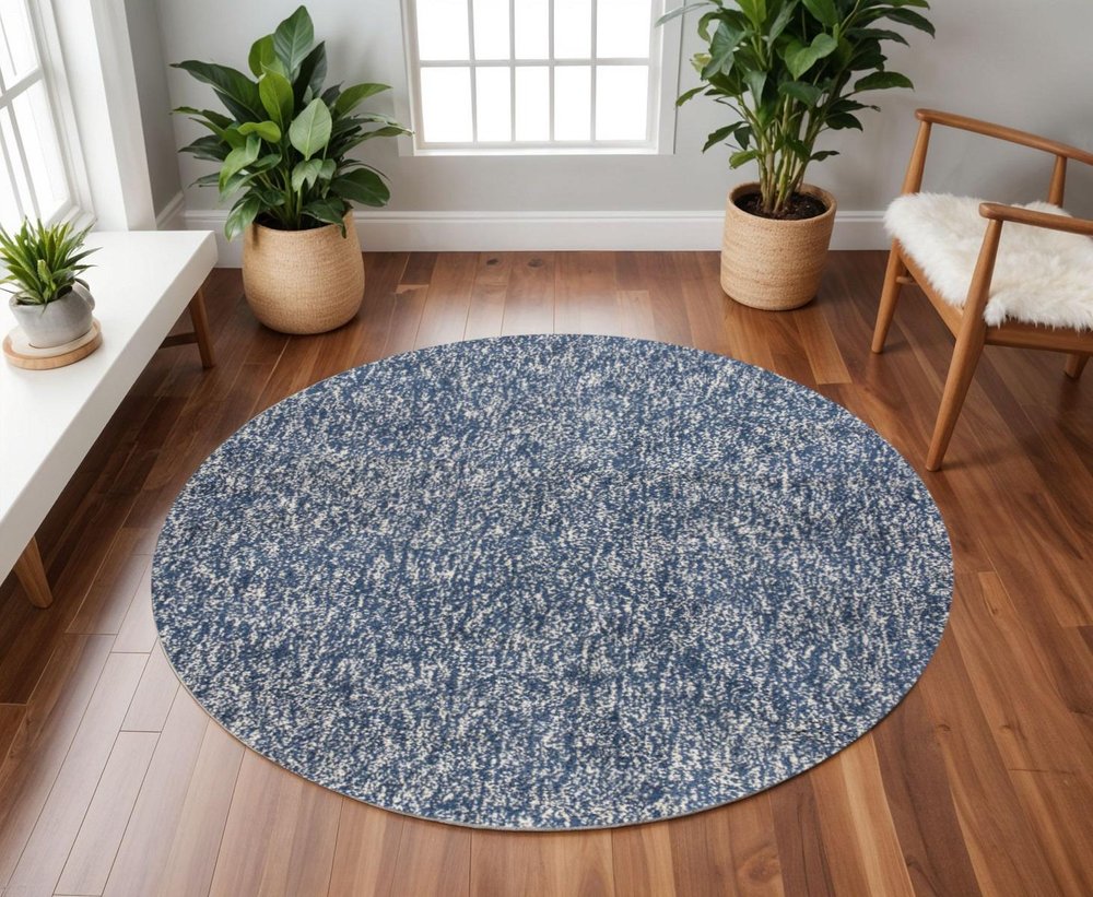 8' Indigo And Ivory Abstract Hand Woven Round Rug