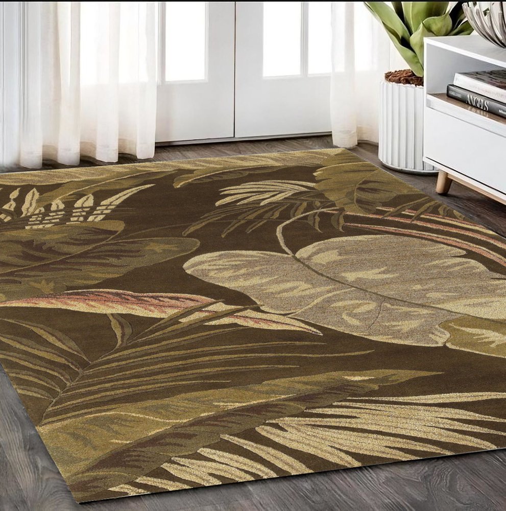 8' X 10' Brown And Beige Wool Botanical Leaves Hand Tufted Area Rug