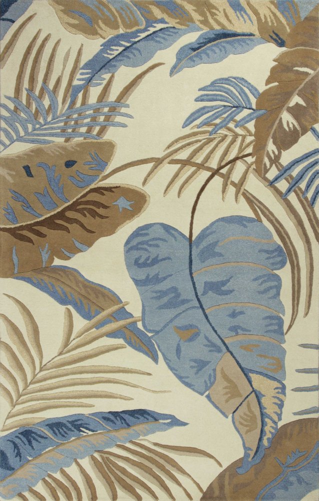 5' X 8' Ivory Blue And Brown Wool Tropical Botanical Hand Tufted Area Rug