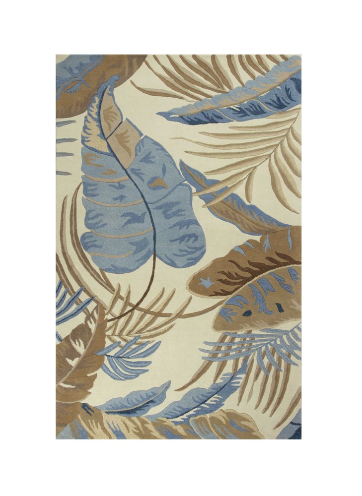 5' X 8' Ivory Blue And Brown Wool Tropical Botanical Hand Tufted Area Rug