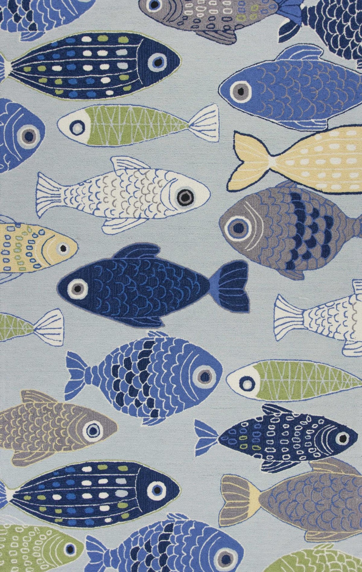 7' X 9' Blue Ivory And Green Fish Hand Tufted Area Rug