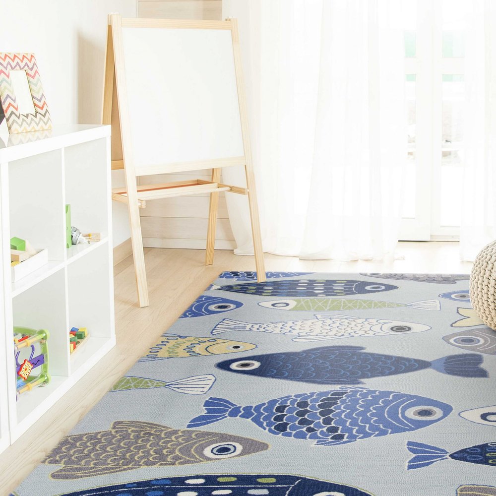 7' X 9' Blue Ivory And Green Fish Hand Tufted Area Rug