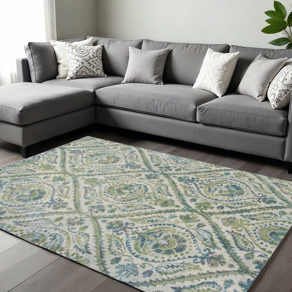 7' X 10' Green Ivory And Teal Medallion Area Rug