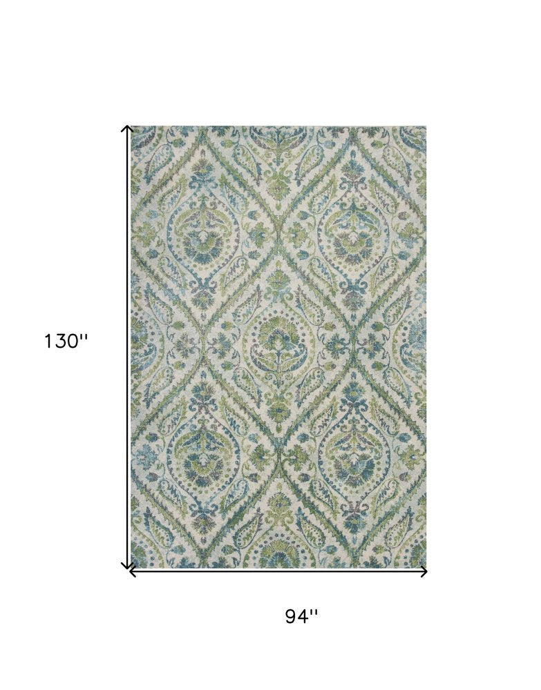 7' X 10' Green Ivory And Teal Medallion Area Rug