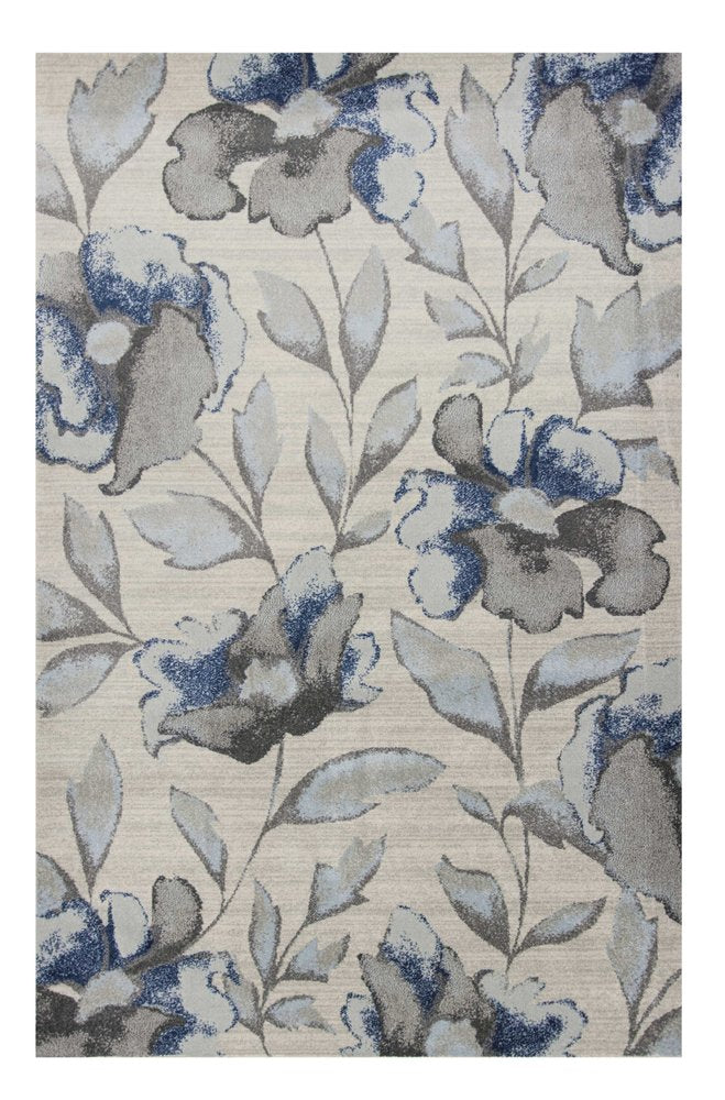 7' X 10' Ivory Blue And Gray Floral Vines Area Rug