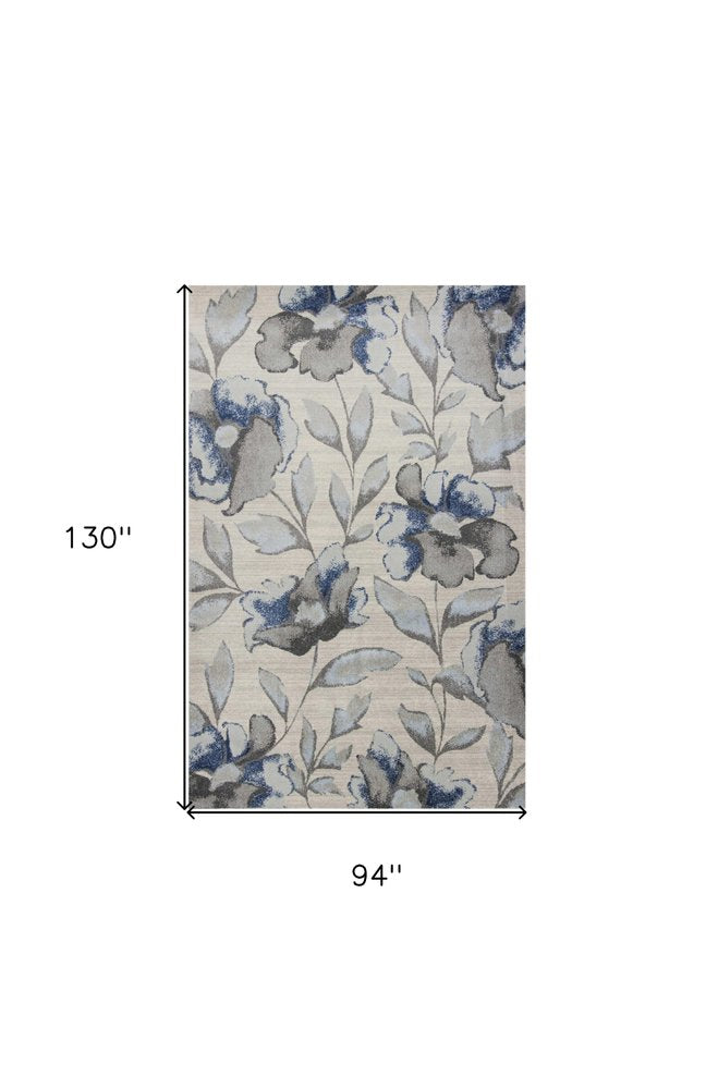 7' X 10' Ivory Blue And Gray Floral Vines Area Rug