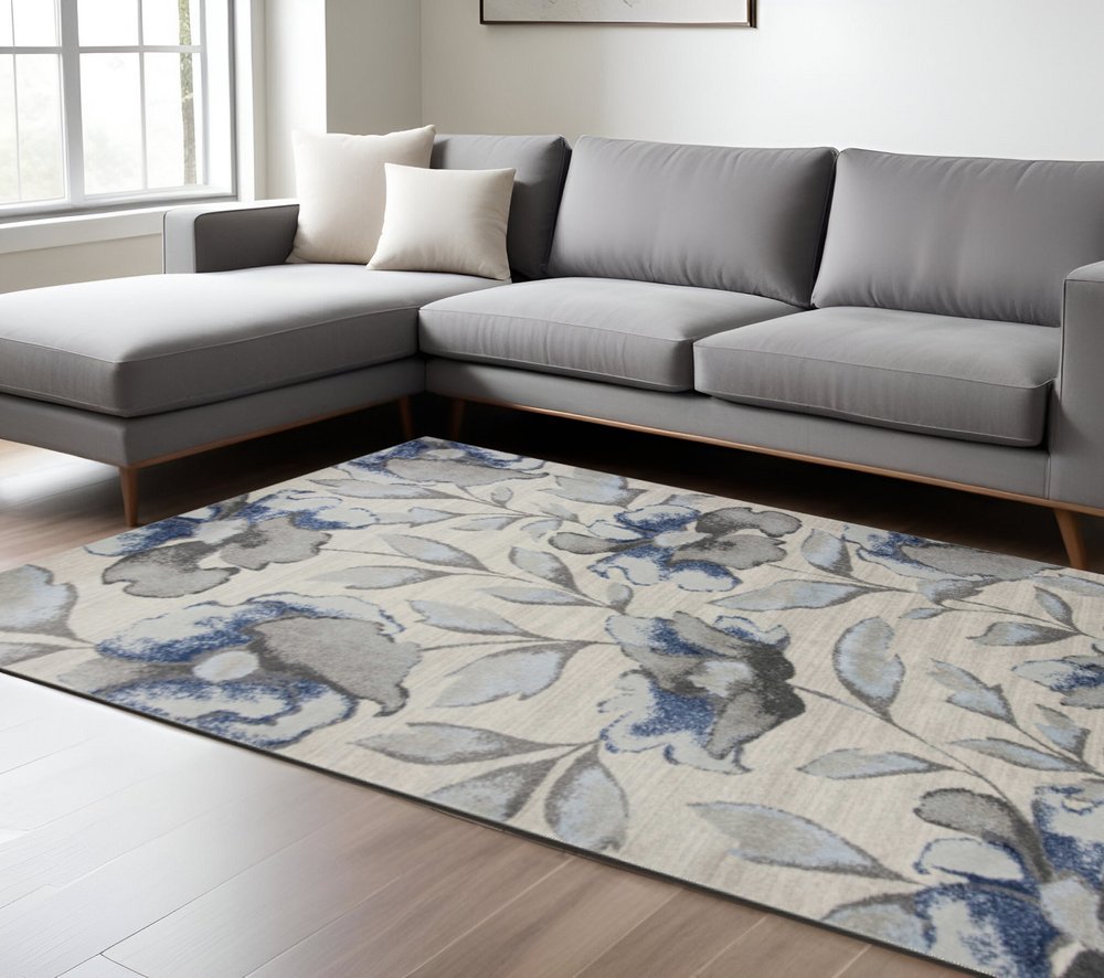 7' X 10' Ivory Blue And Gray Floral Vines Area Rug