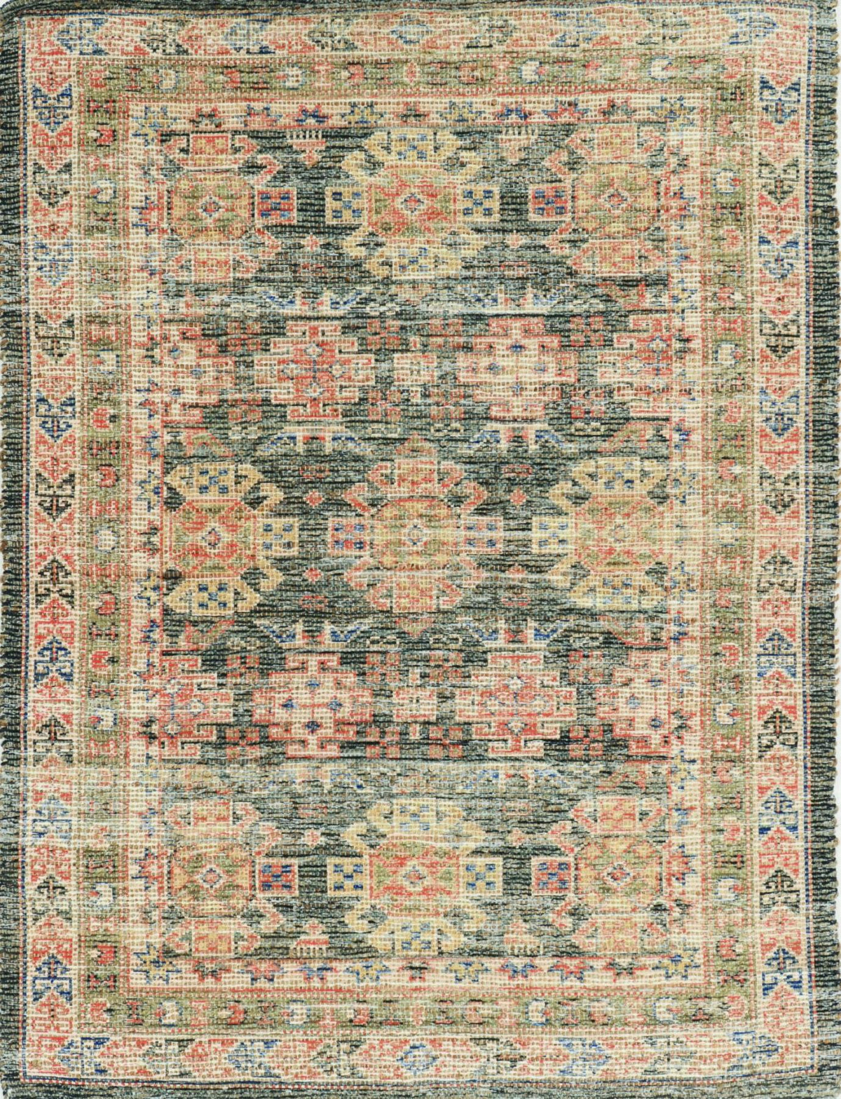 8' X 11' Brick Red Green And Brown Jute Southwestern Handmade Distressed Area Rug