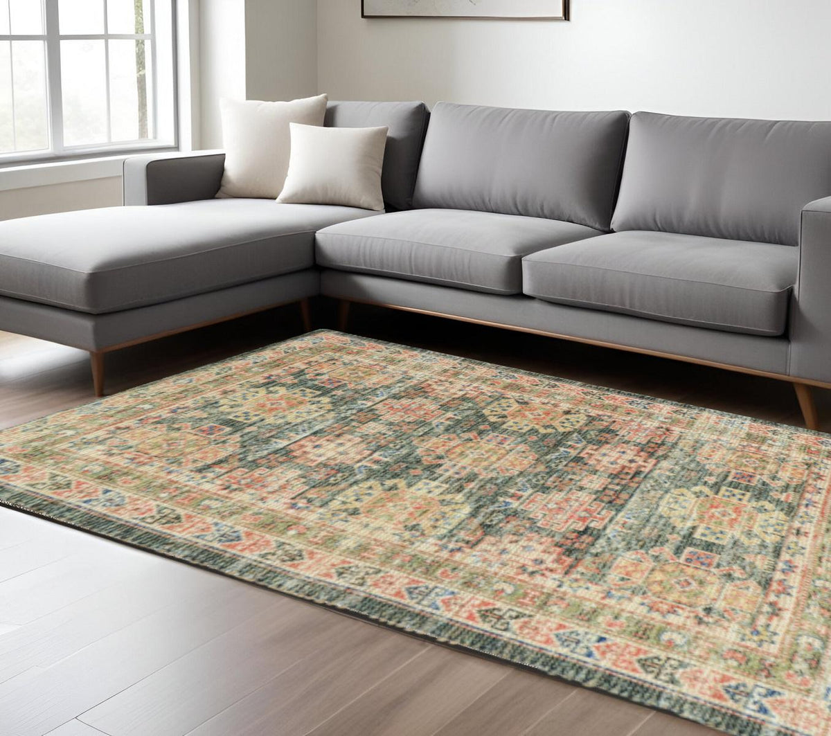 8' X 11' Brick Red Green And Brown Jute Southwestern Handmade Distressed Area Rug