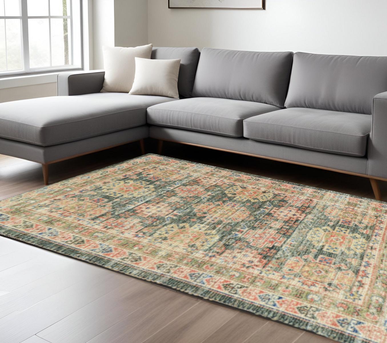 8' X 11' Brick Red Green And Brown Jute Southwestern Handmade Distressed Area Rug