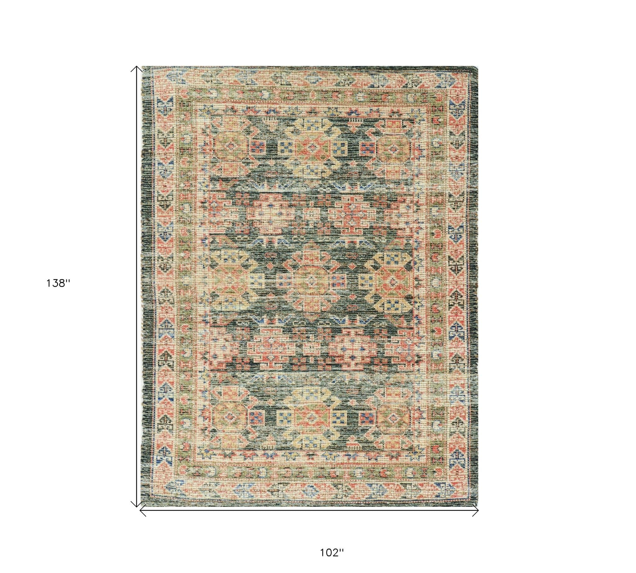 8' X 11' Brick Red Green And Brown Jute Southwestern Handmade Distressed Area Rug