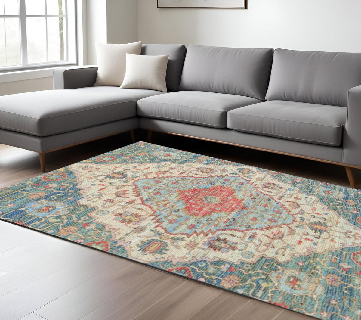 7' X 12' Blue Beige And Brick Red Jute Medallion Handmade Area Rug
