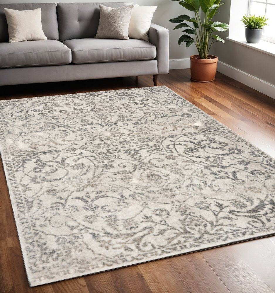 8' X 10' Ivory And Brown Floral Medallion Distressed Area Rug