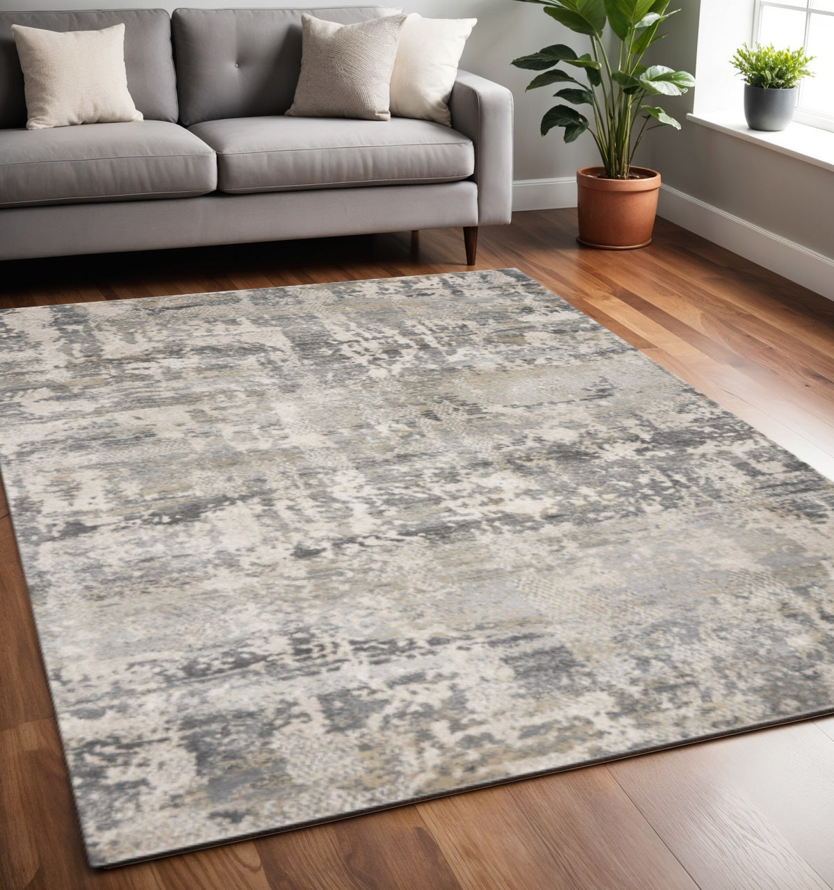 7' X 9' Gray And Tan Abstract Area Rug