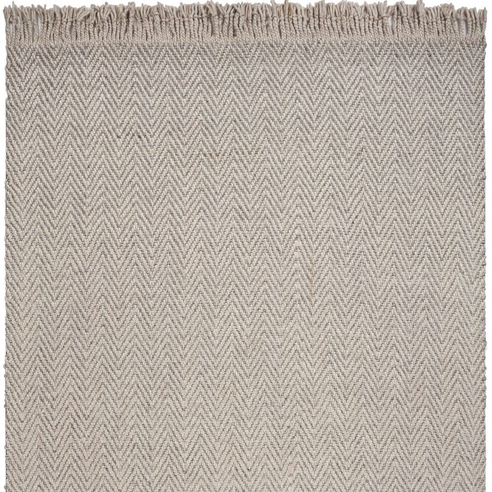 8' X 10' Beige And Gray Wool Chevron Hand Woven Area Rug With Fringe