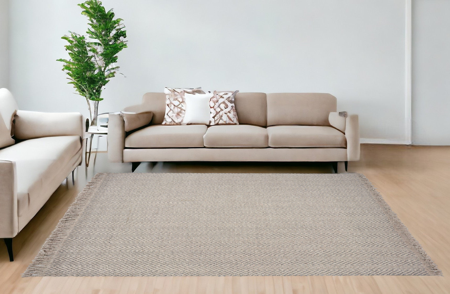 8' X 10' Beige And Gray Wool Chevron Hand Woven Area Rug With Fringe
