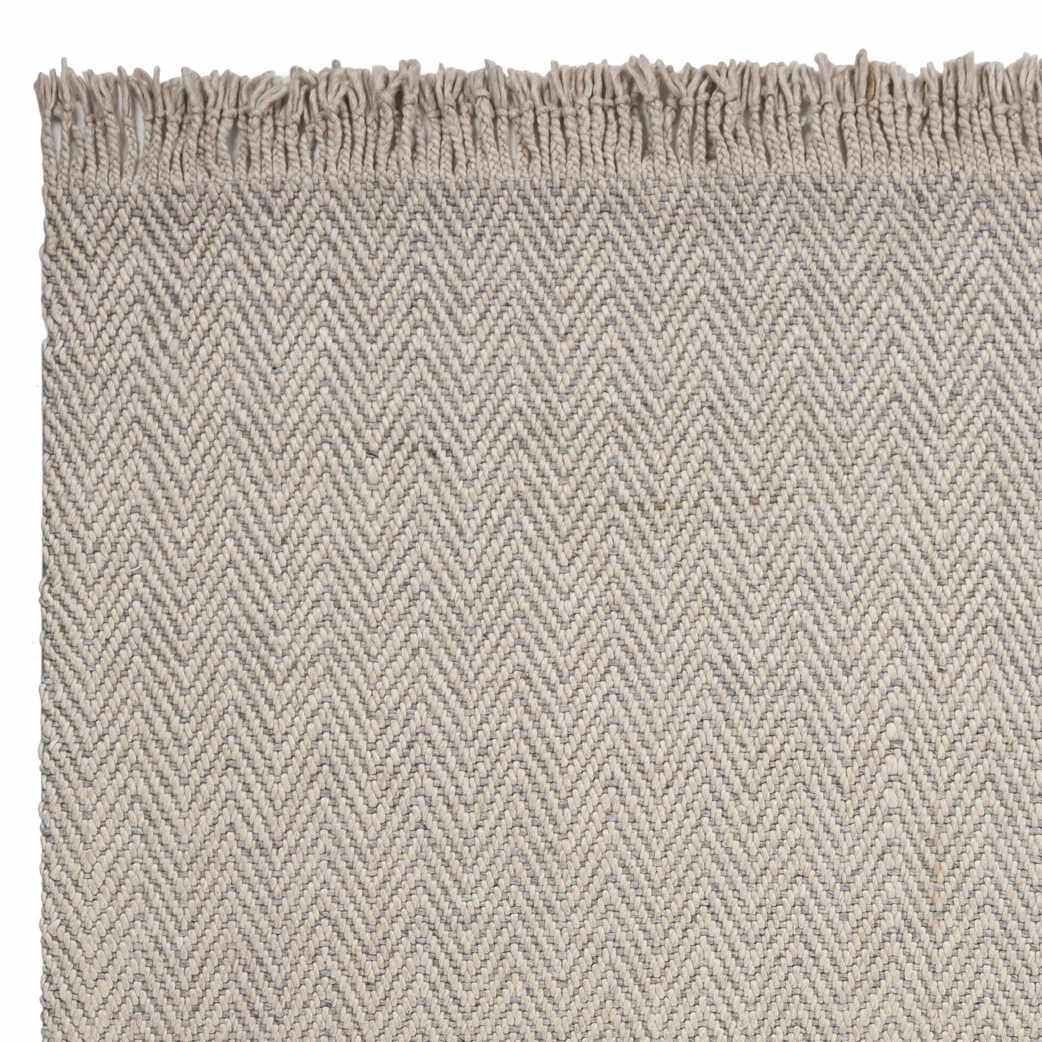 8' X 10' Beige And Gray Wool Chevron Hand Woven Area Rug With Fringe