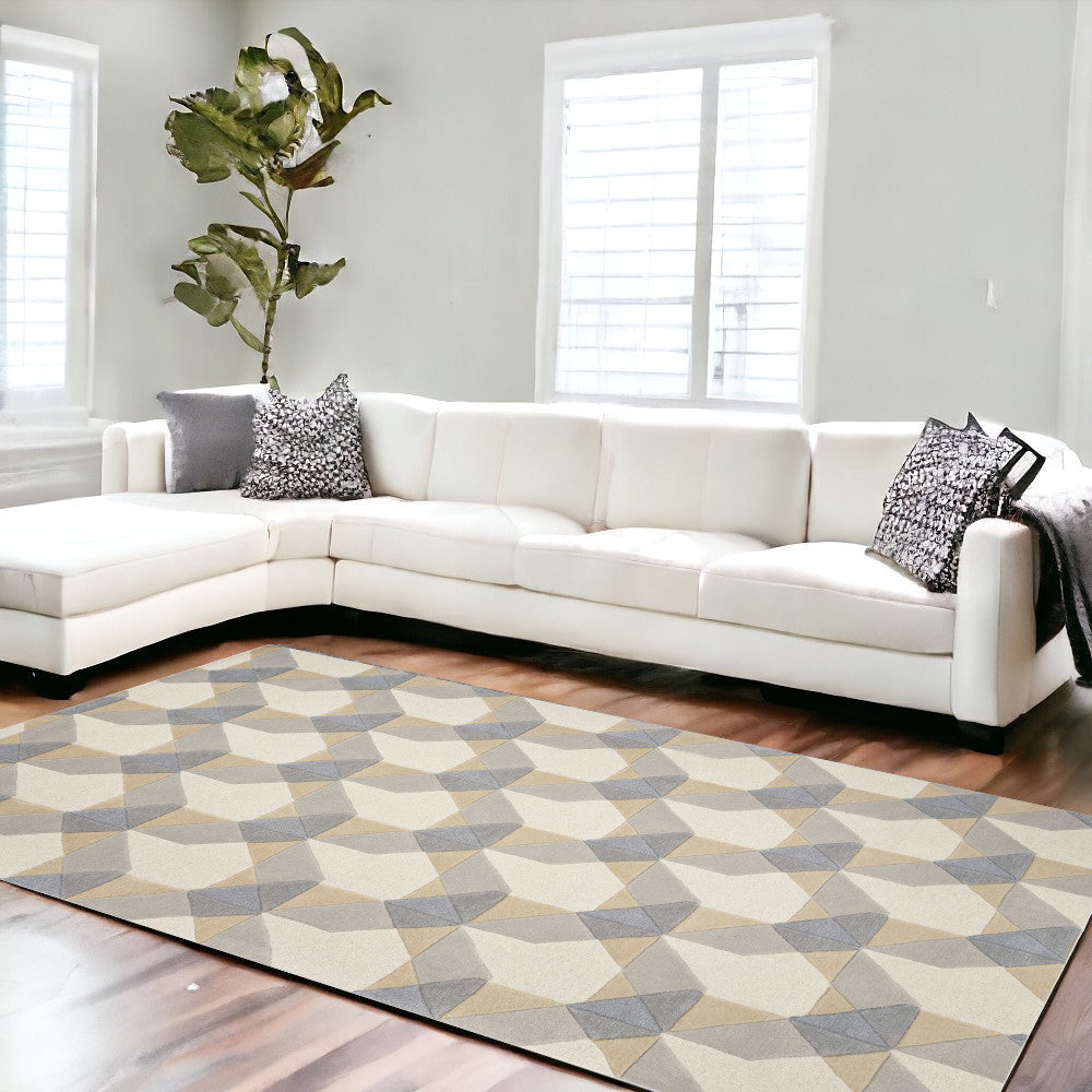 8' X 11' Ivory Gray And Cream Wool Geometric Hand Tufted Area Rug