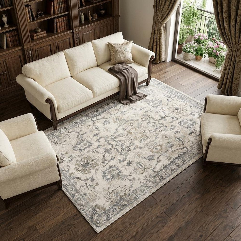 9' X 13' Ivory And Gray Floral Medallion Distressed Area Rug