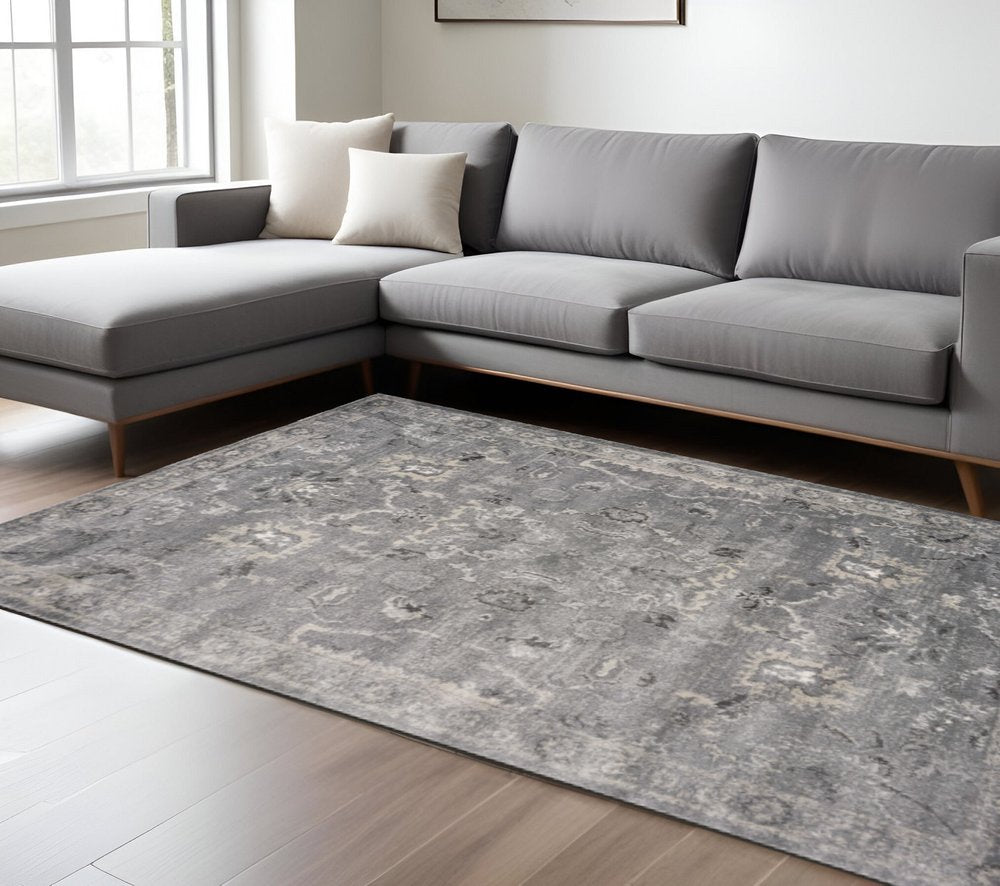 9' X 13' Gray And Light Gray Floral Medallion Area Rug