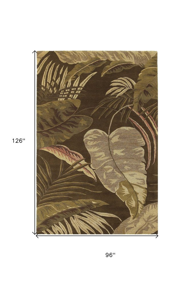 8' X 10' Brown And Beige Wool Botanical Leaves Hand Tufted Area Rug