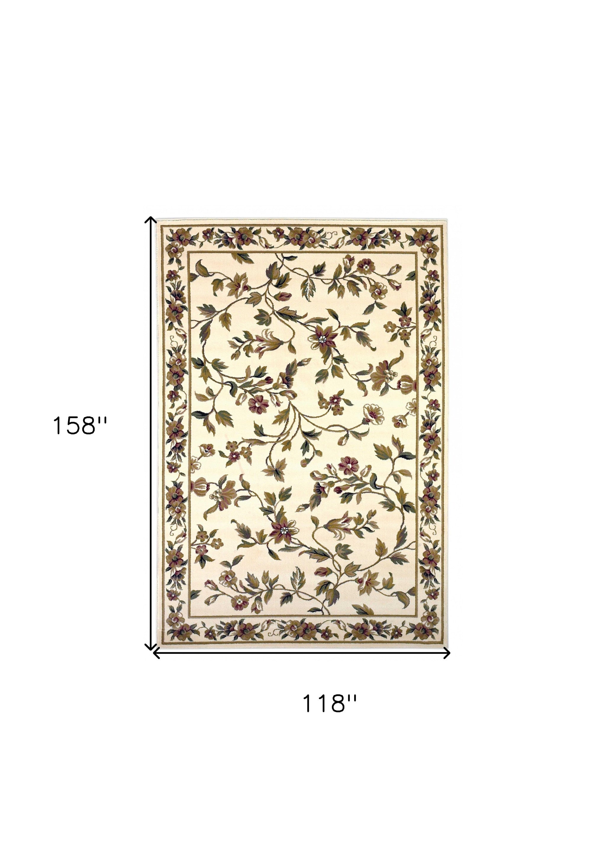10' X 13' Ivory Green And Red Floral Vines Area Rug