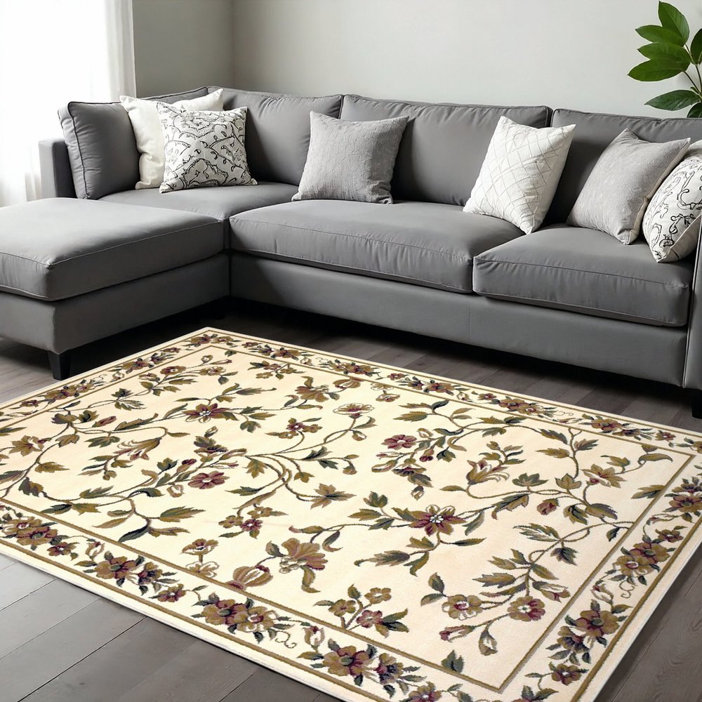 10' X 13' Ivory Green And Red Floral Vines Area Rug