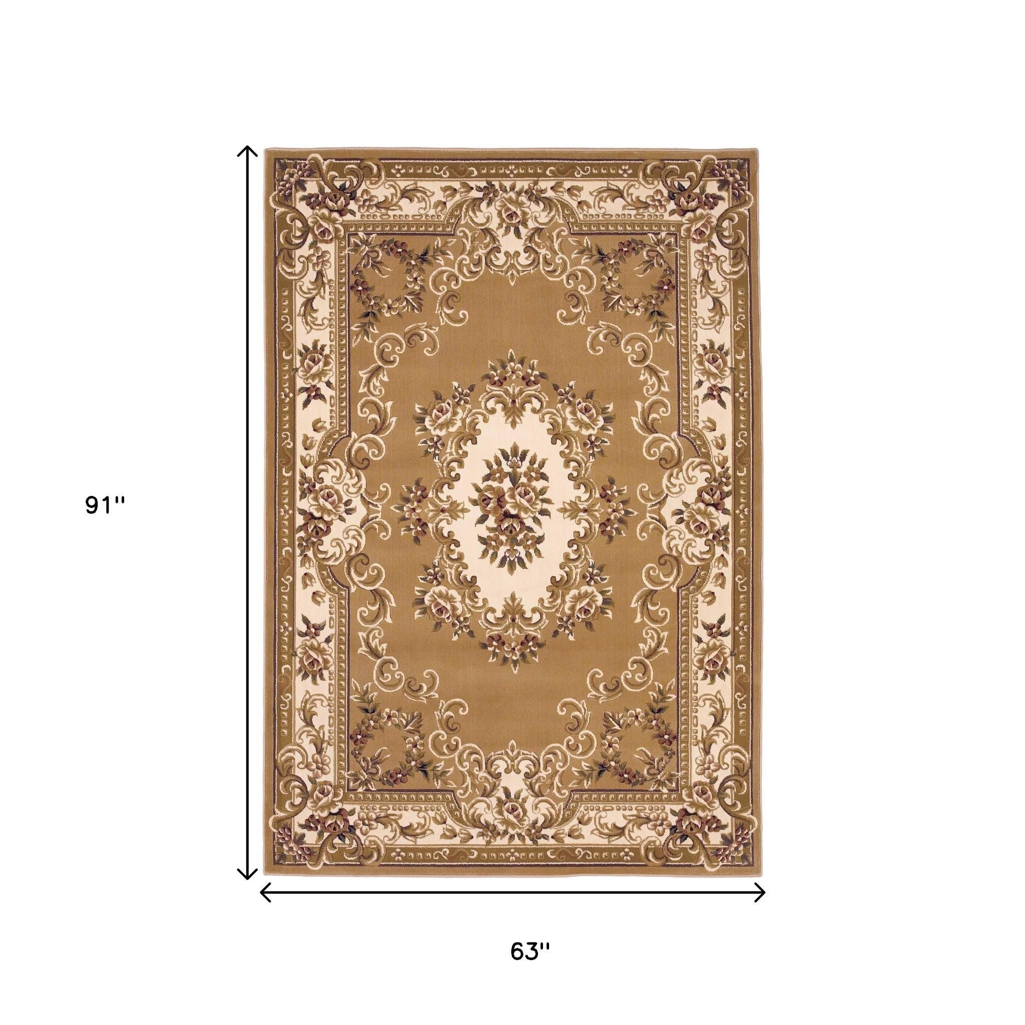 5' X 8' Beige Ivory And Brown Floral Medallion Area Rug