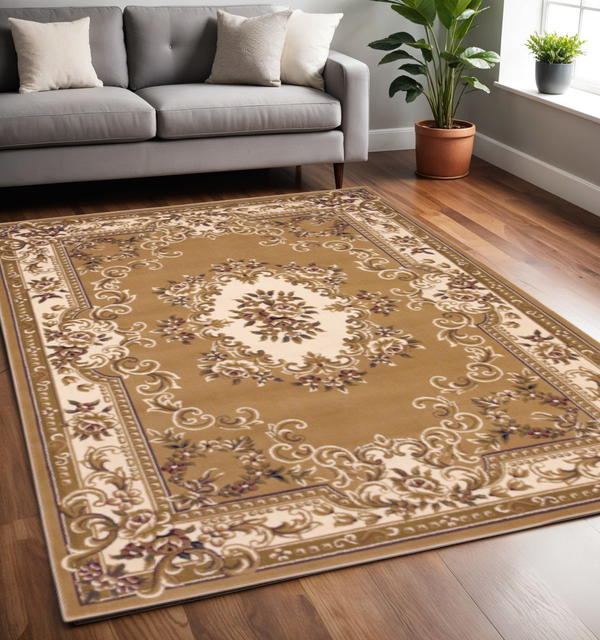 5' X 8' Beige Ivory And Brown Floral Medallion Area Rug