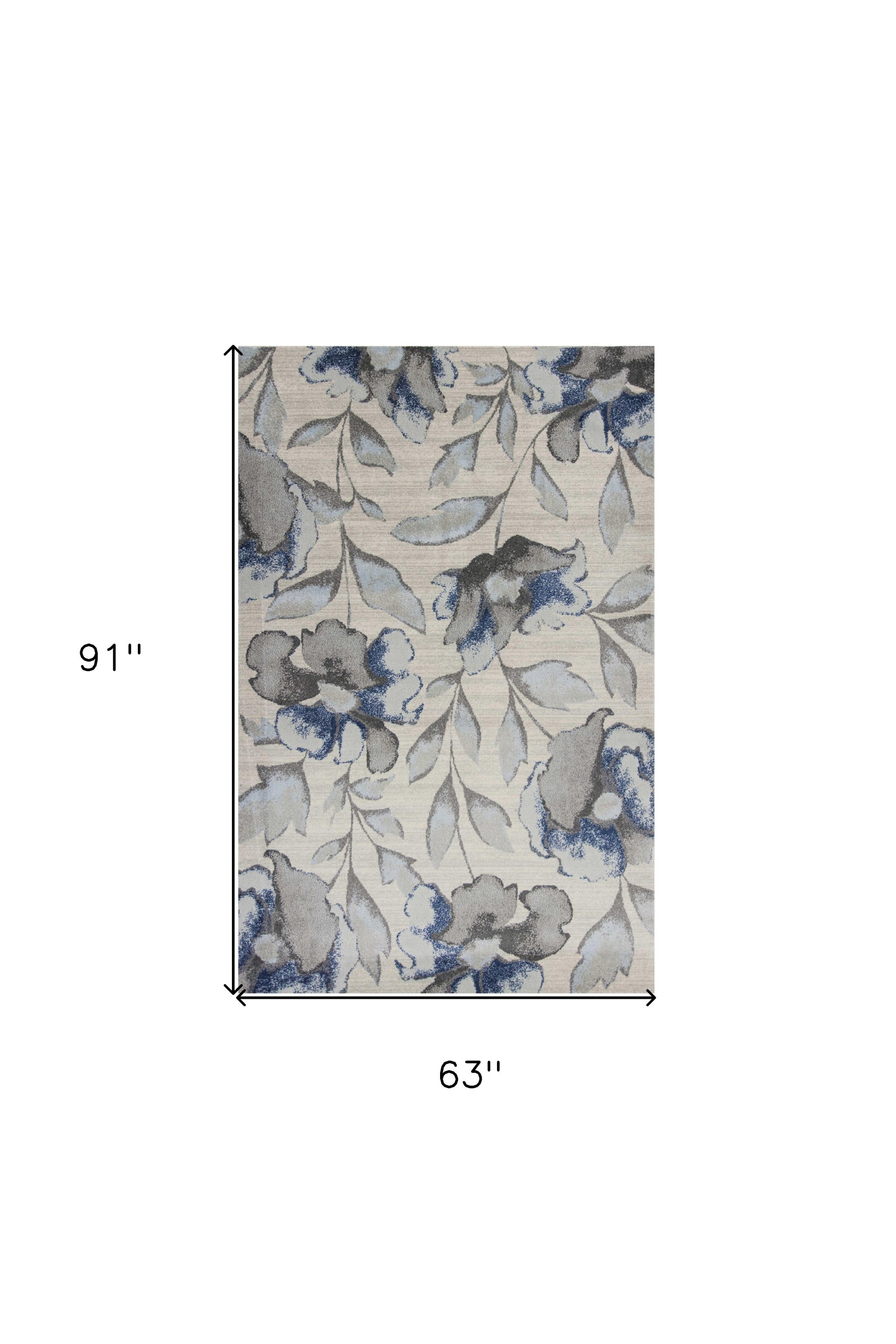 5' X 8' Ivory Blue And Gray Floral Vines Area Rug