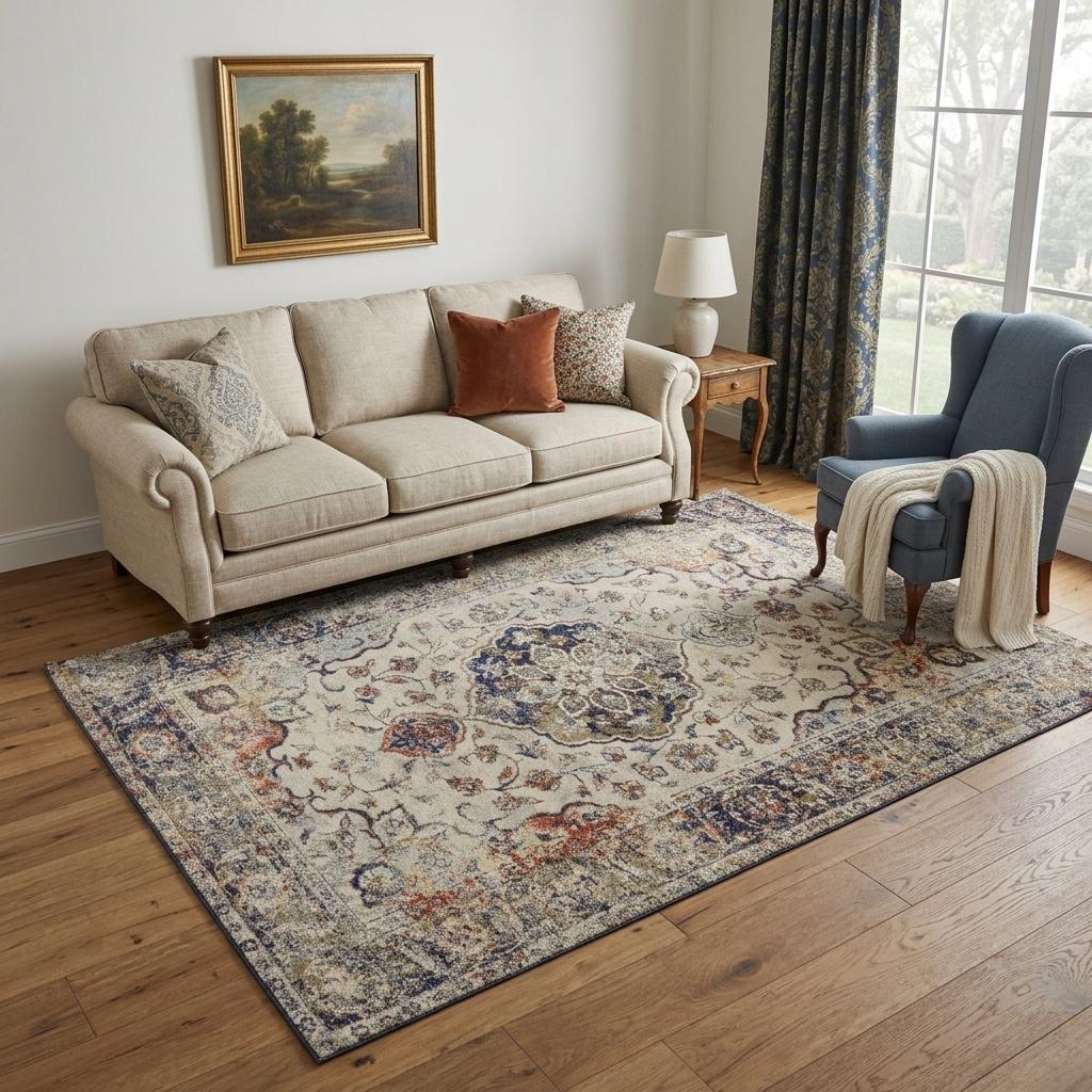 5' X 8' Ivory Blue And Orange Medallion Area Rug